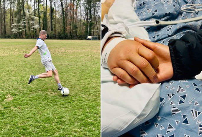 photo collage of patient playing soccer alongside close up photo of loved one holding his hand while in the hospital
