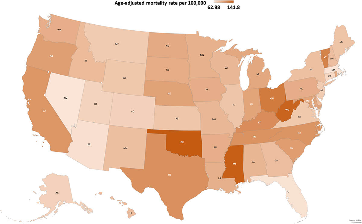 map showing age-adjusted mortality rates in the United States
