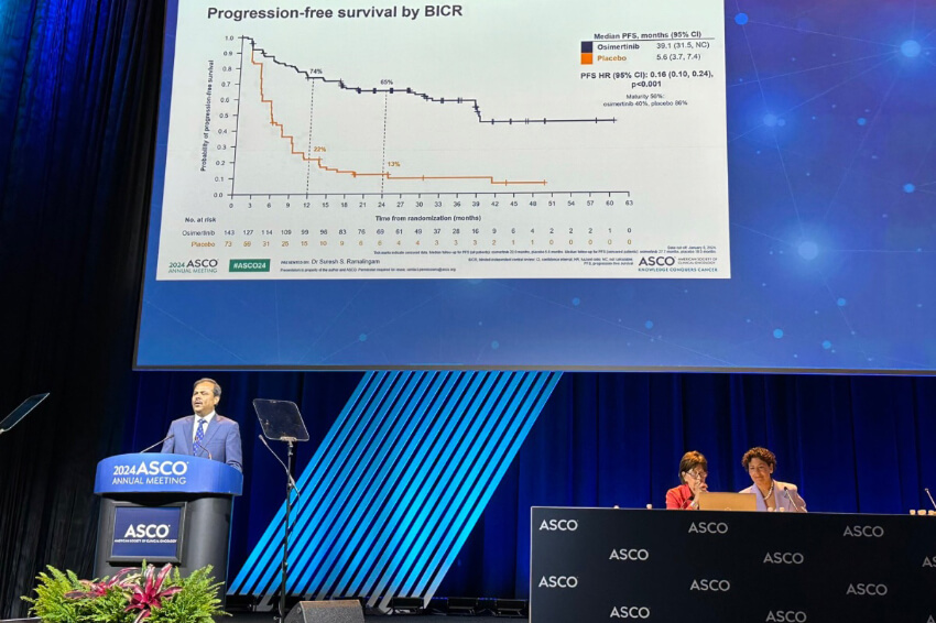 Suresh Ramalingam, MD, presents results of LAURA clinical trial on stage at the 2024 ASCO Annual Meeting.
