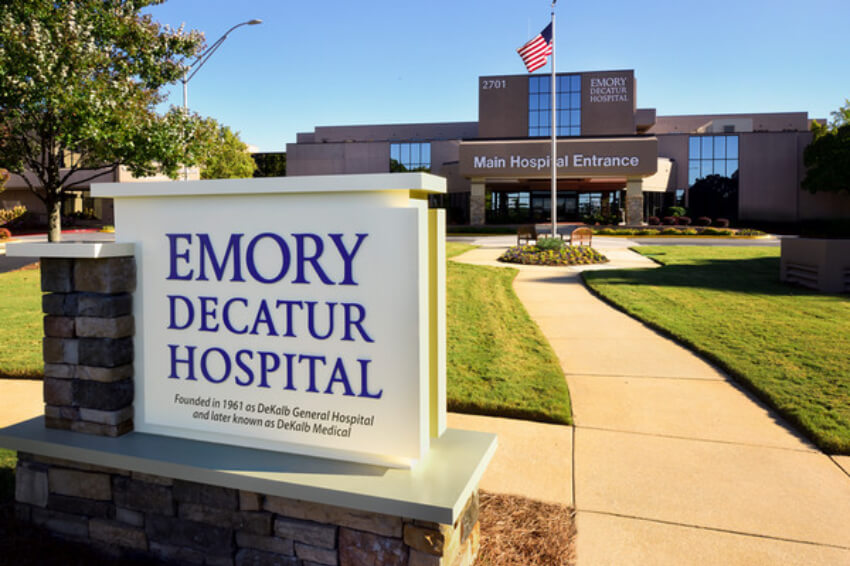 Emory Decatur Hospital sign in front of the main hospital entrance