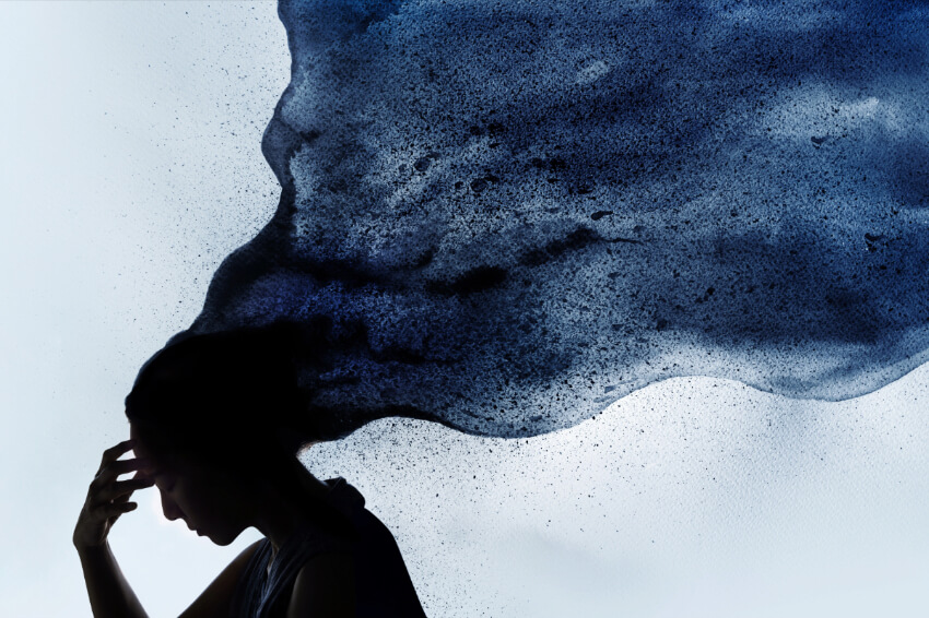 an artistic depiction of stress showing a woman holding her forehead with her hair floating behind her like a dark cloud